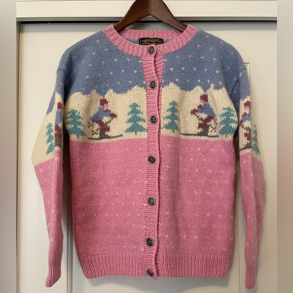 Vintage 80s Eddie Bauer Apres Ski Wool Cardigan Sweater Pink Blue Women’s Medium